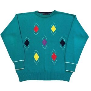 Vintage Hathaway Sweater Mens Large Hand Intarsia Crewneck Knit Argyle Diamond